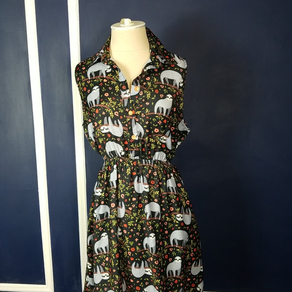 Sloth Print Black Dress